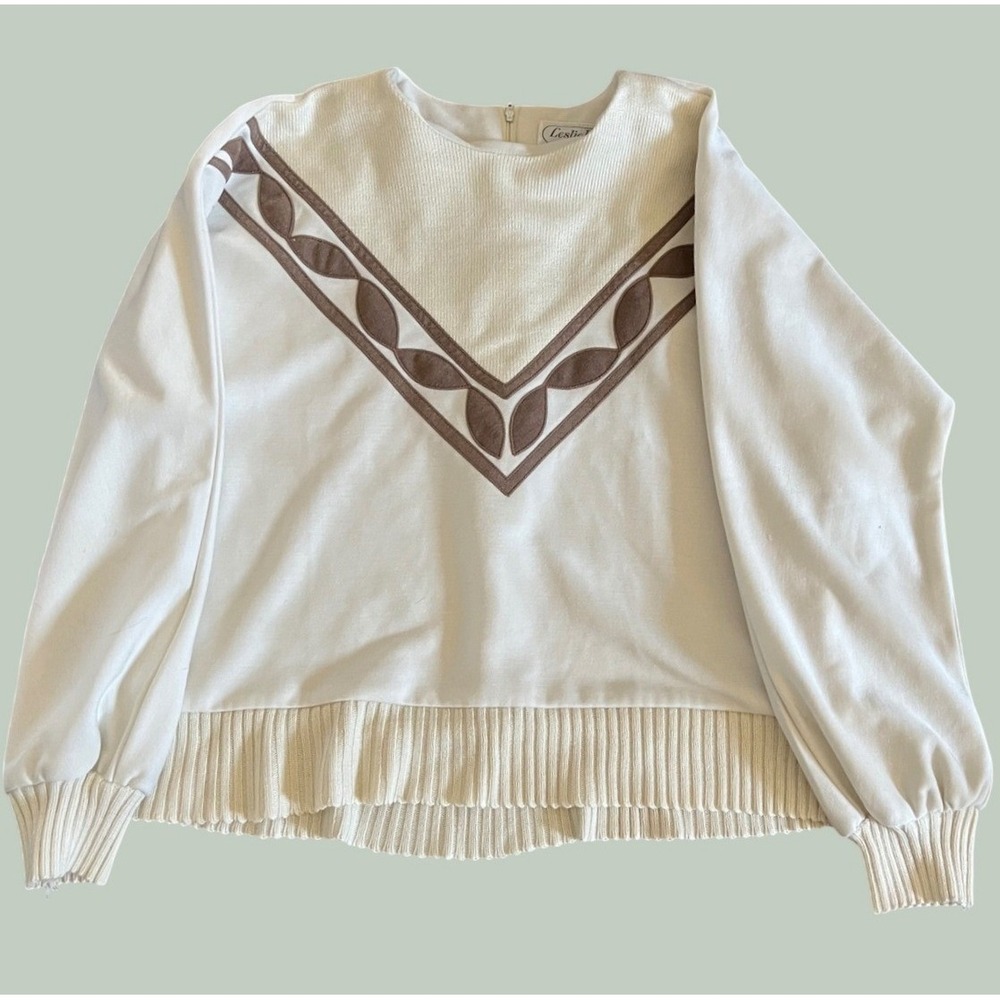 Vintage Leslie Fay Petites Women V-Panel Long Sleeve Blouse  XL Cream Grandma